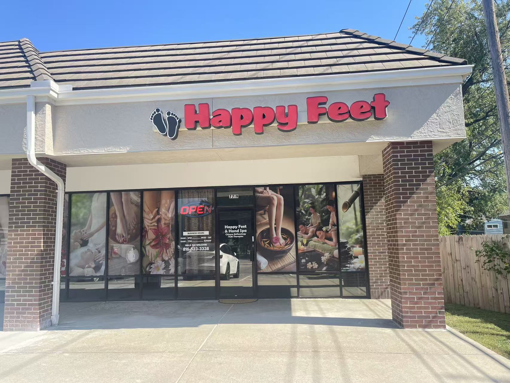 Happy Feet Spa storefront with signage